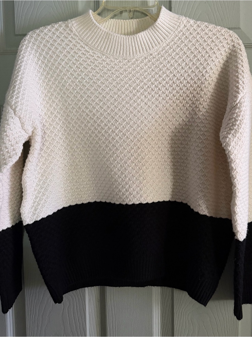 Mango MNG Colorblock Mock Neck Sweater Cream Black Textured Knit Size S